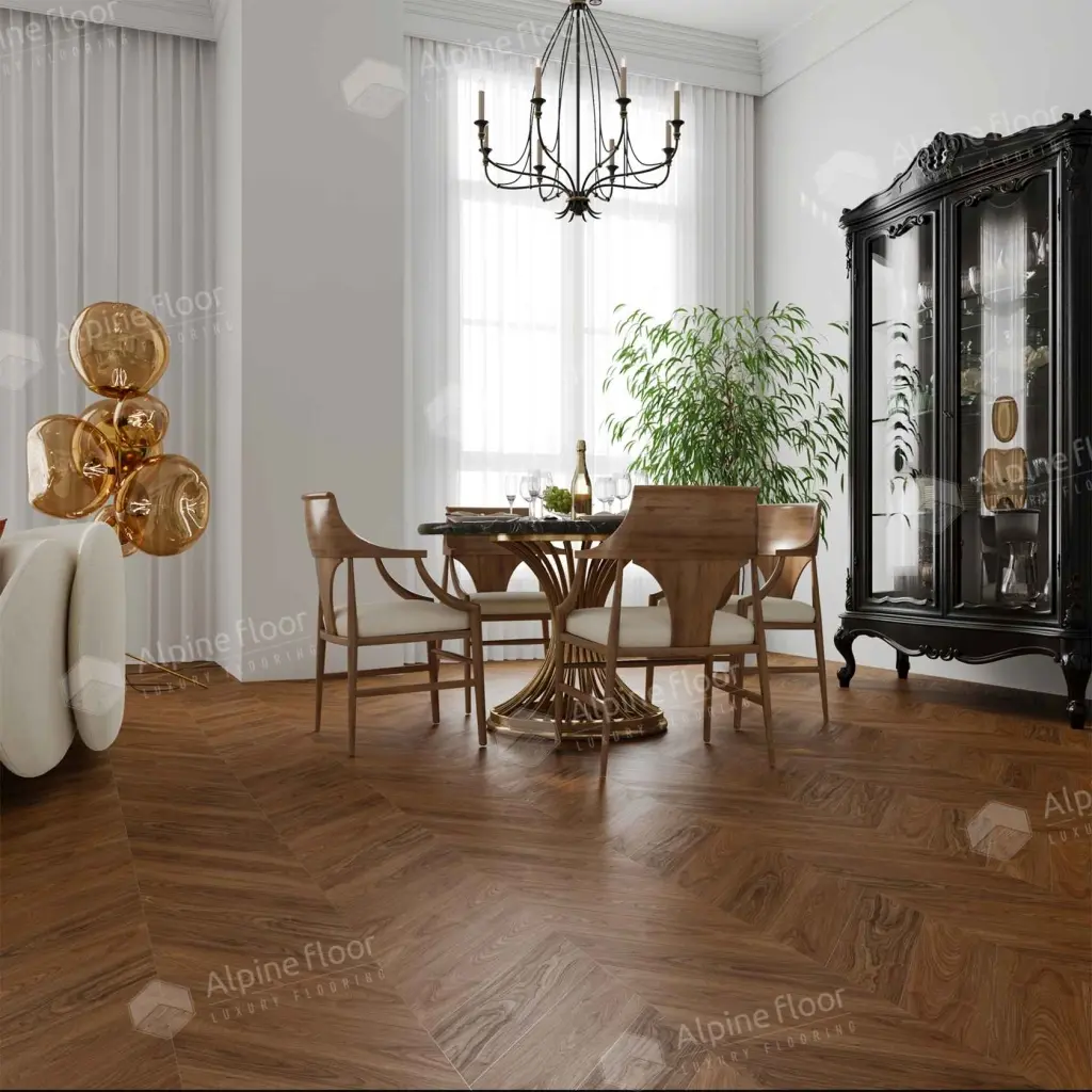 Кварцвиниловый SPC ламинат Alpine Floor Chevron Alpine Орех Нойер ECO 18-22 французская елка 600×127×5 фото в интерьере